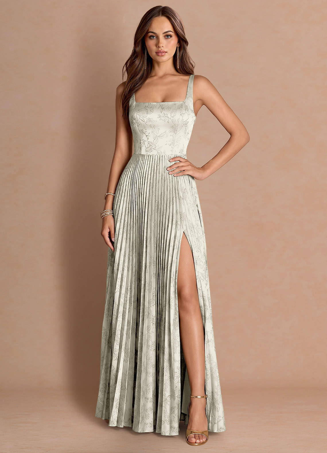 Tatiana A-Line Square-Neck Jacquard Wedding Guest Dress in Cream