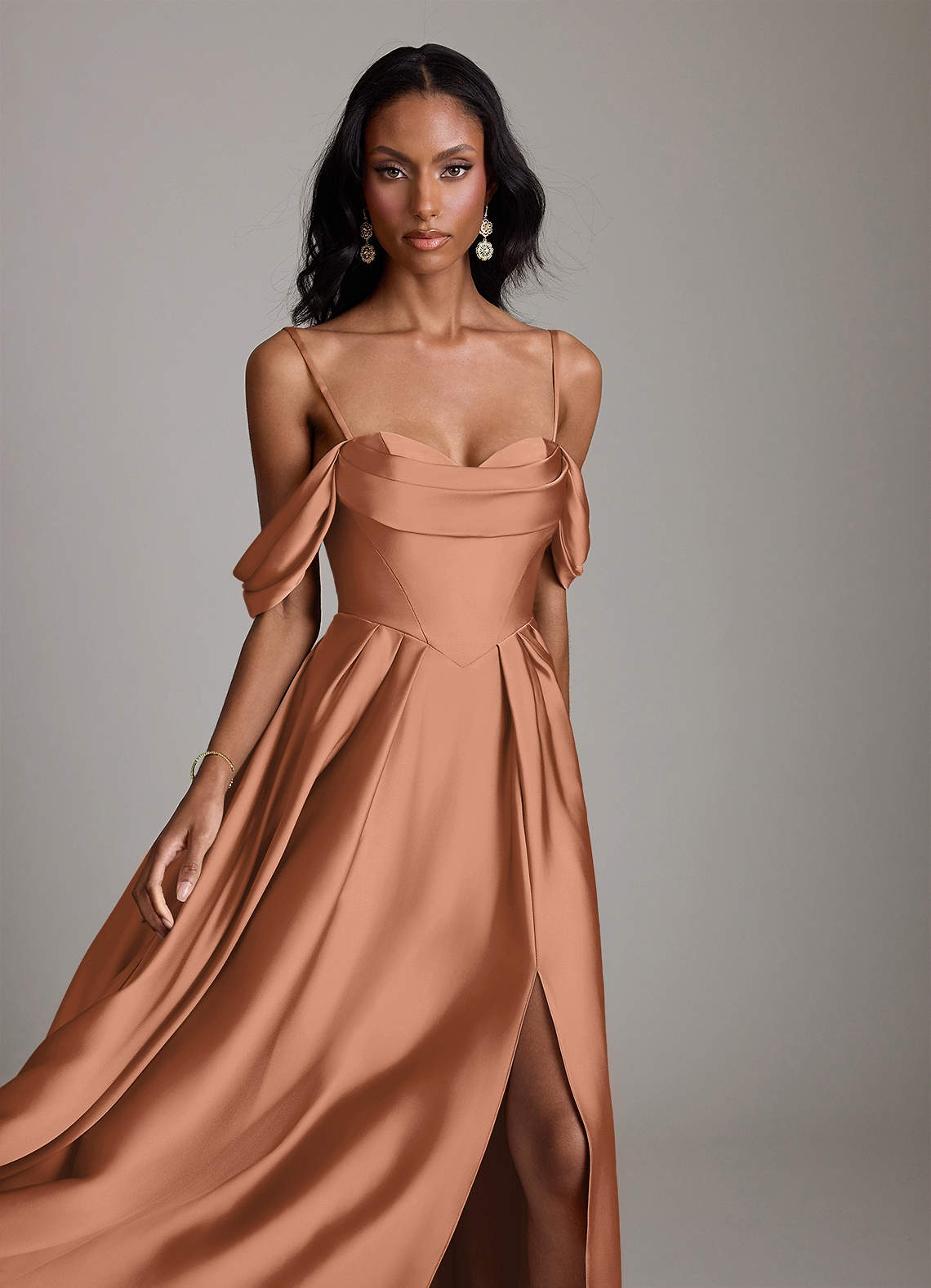 Loisa A-Line Off-the-Shoulder Stretch Satin Bridesmaid Dress in Bronzer