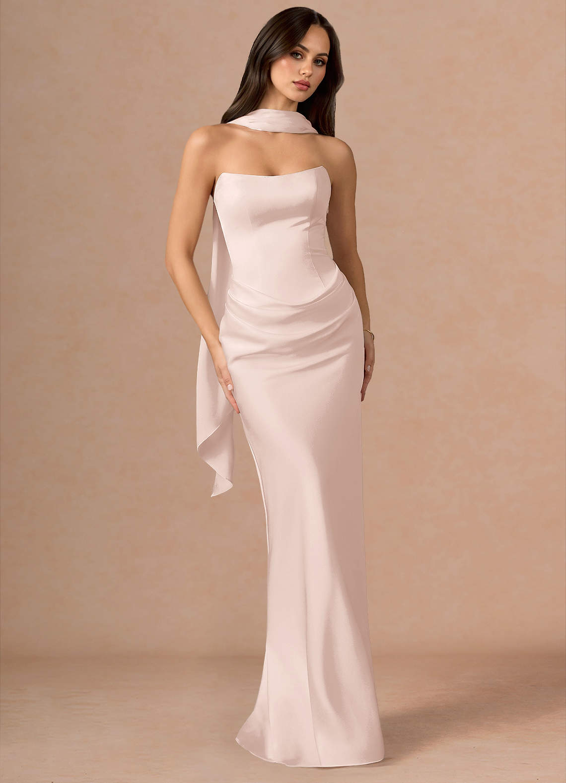 Valencia Scarf Lace-Up Stretch Satin Evening Dress in Powder Pink