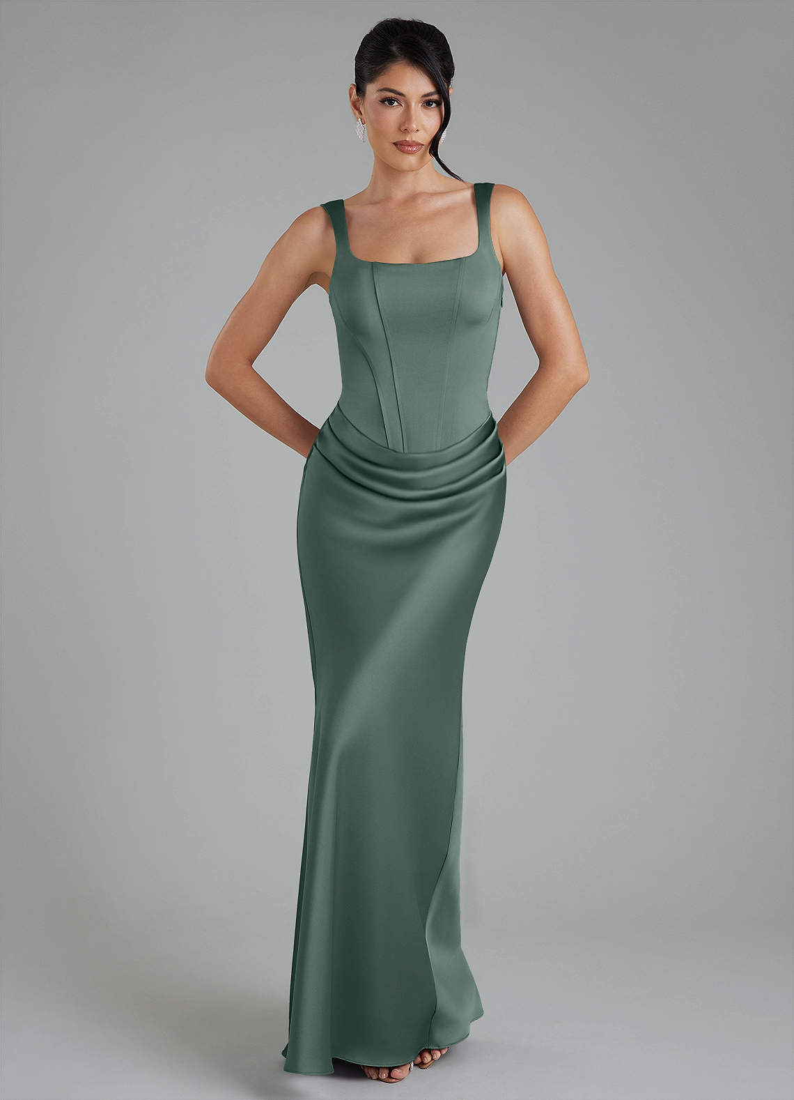 Etta Mermaid Square-Neck Stretch Satin Bridesmaid Dress in Sea Moss