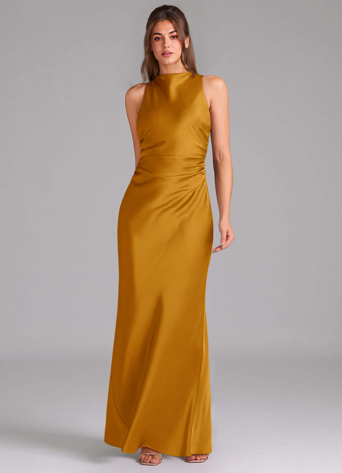 Evadne Sheath Scoop-Neck Stretch Satin Bridesmaid Dress in butterscotch