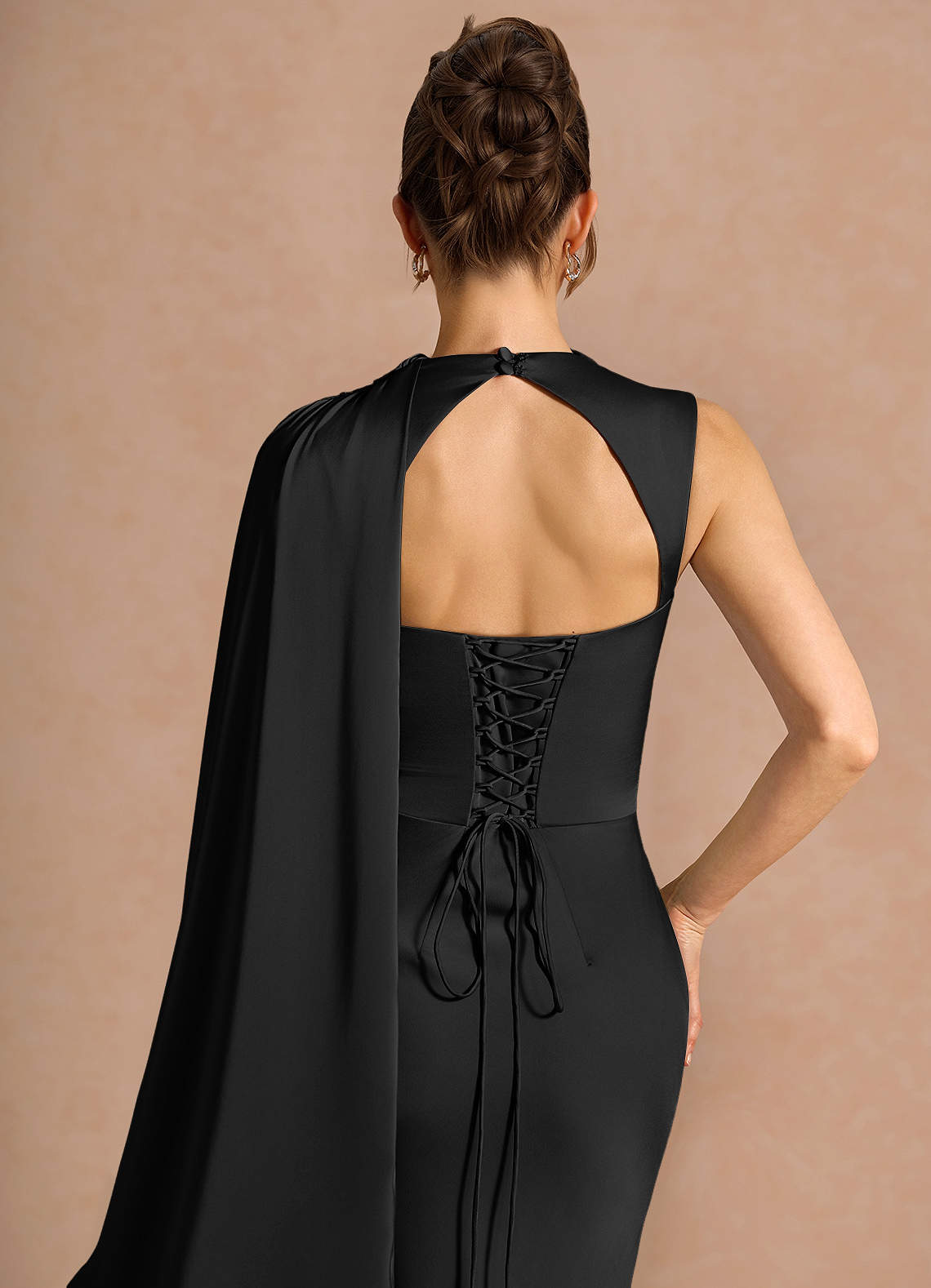 Chesney Cape-Sleeve Pleated Stretch Satin Wedding Guest Dress in black