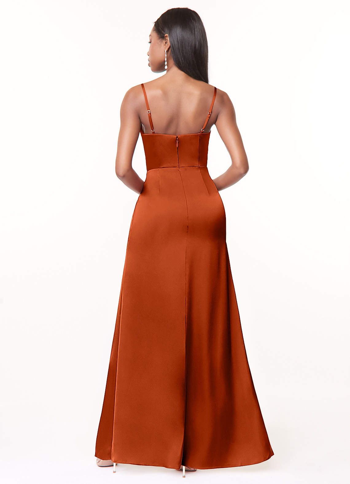 Maci A-Line V-Neck Stretch Satin Bridesmaid Dress in Paprika