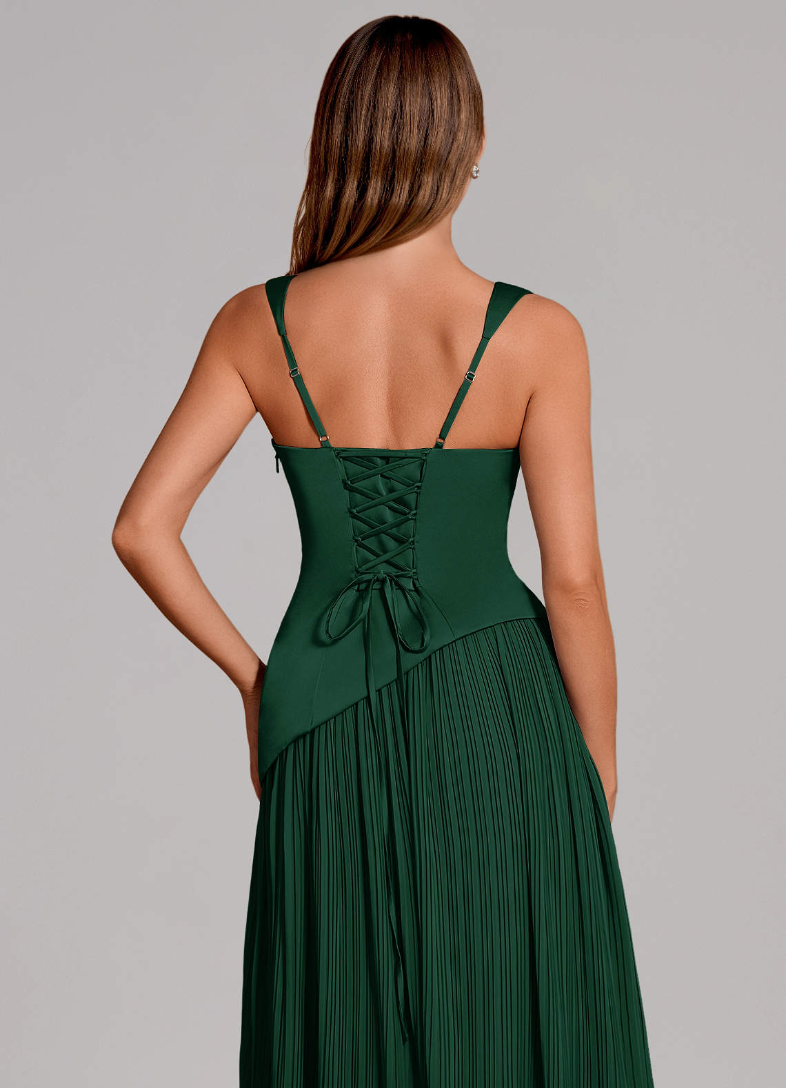 Stephanie A-Line Square-Neck Stretch Satin and Chiffon Bridesmaid Dress in Dark Green