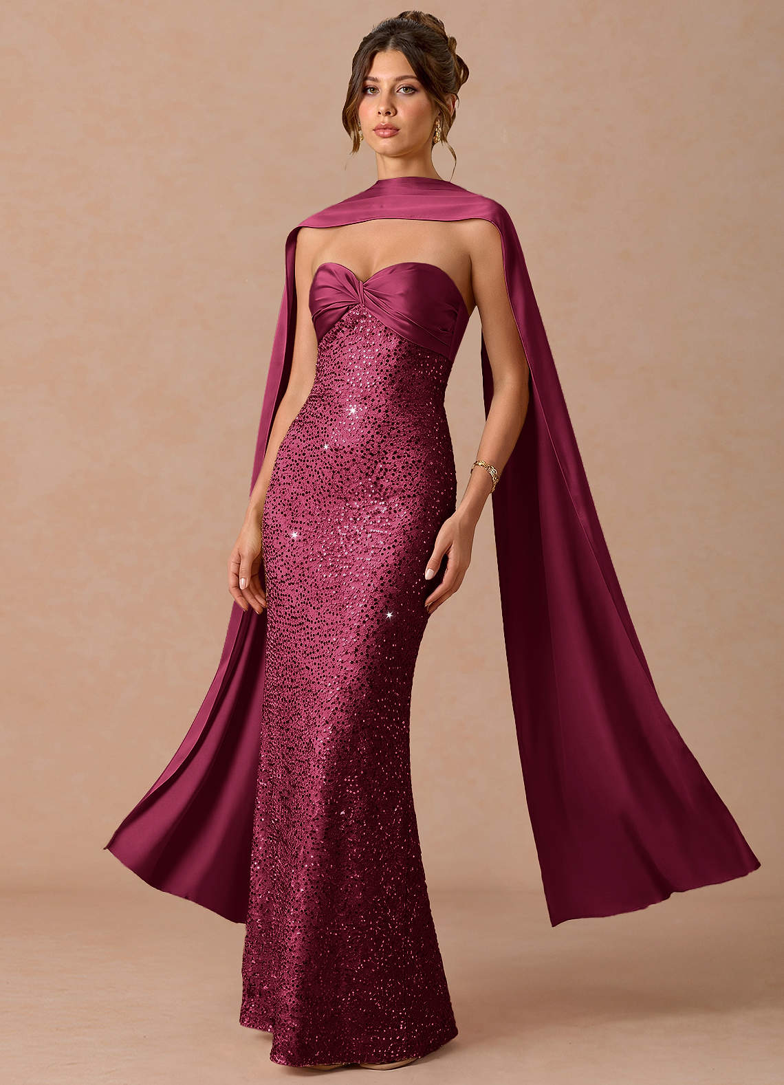Serelle A-Line Sweetheart Sequin Satin Evening Dress in Merlot