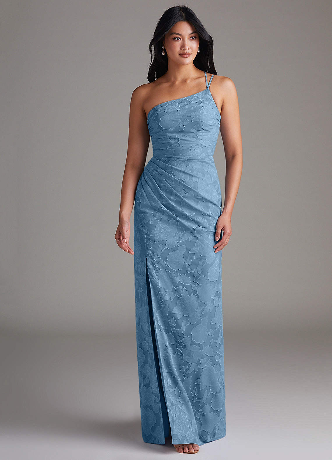 Eren Sheath One-Shoulder Floral Burnout Bridesmaid Dress in Steel Blue