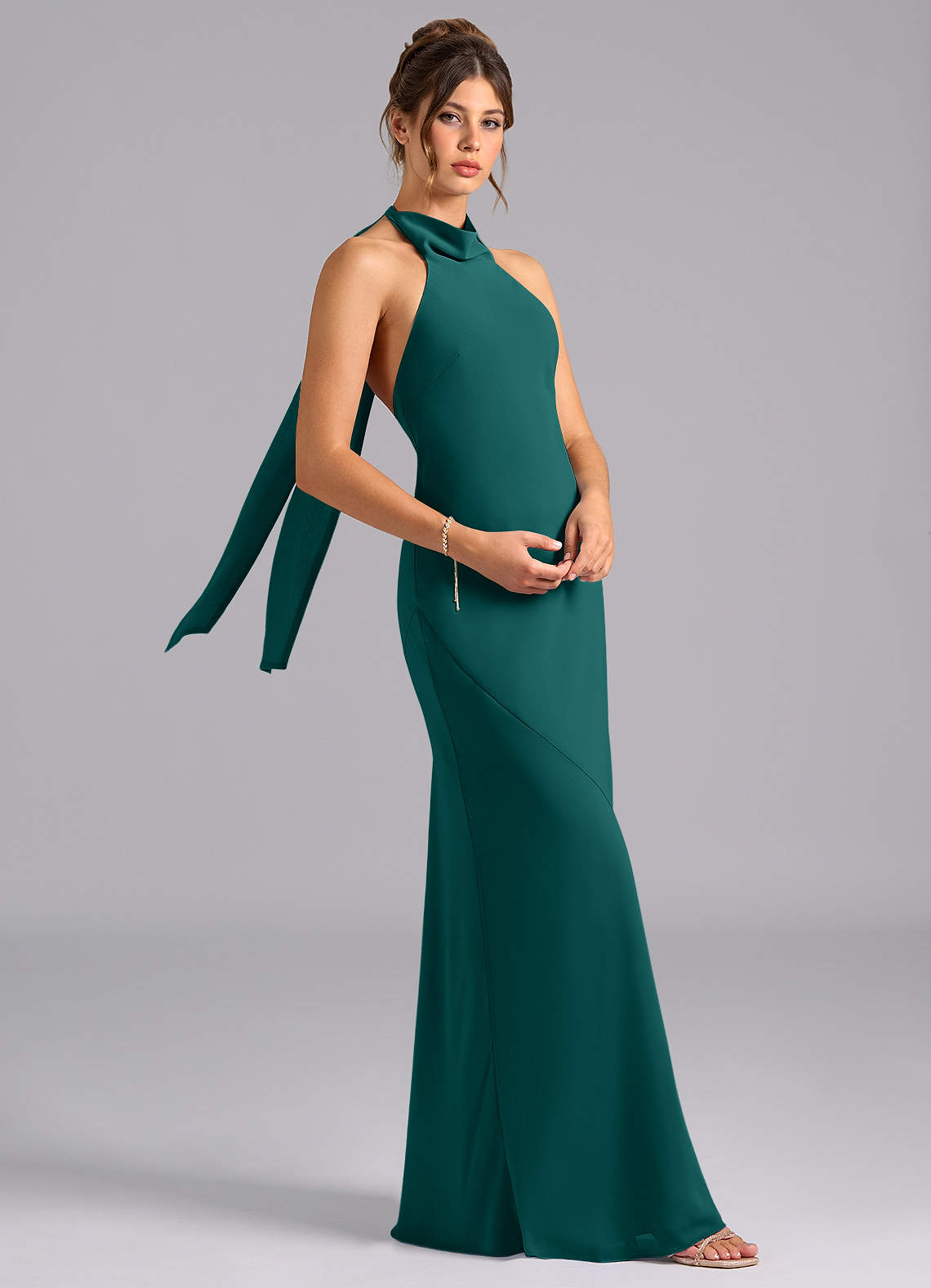 Velli Mermaid Halter Chiffon Bridesmaid Dress in Peacock