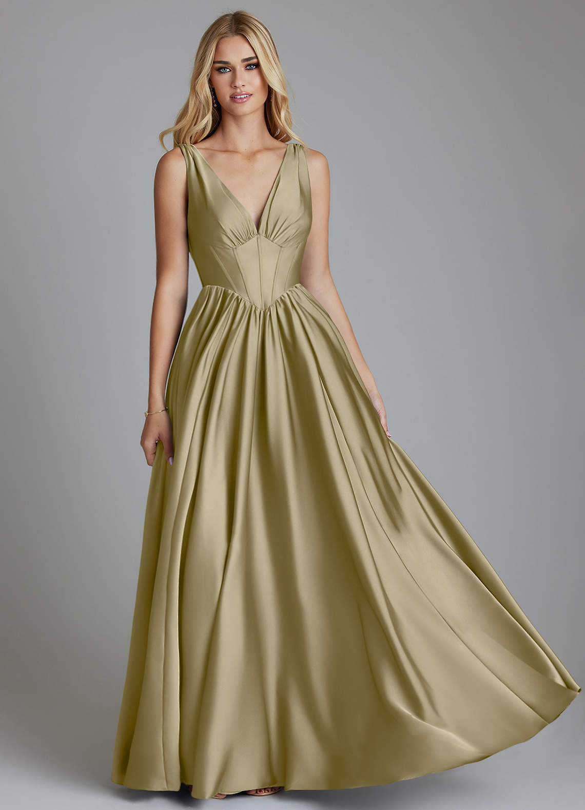 Delmie A-Line V-Neck Stretch Satin Bridesmaid Dress in Moss Green