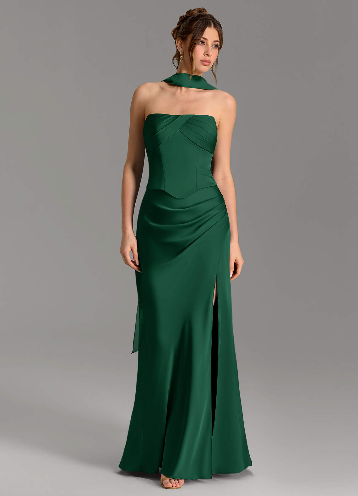 Nicki Sheath Scoop-Neck Stretch Satin Bridesmaid Dress in Dark Green