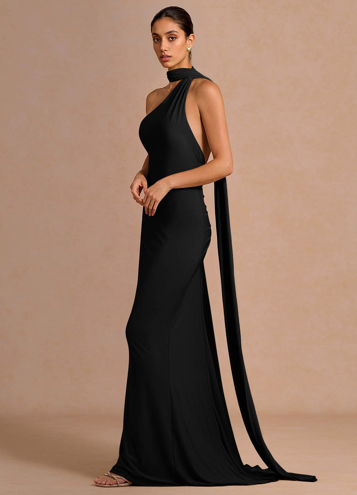 Miliani Sheath Neck-Tie Stretch Knit Evening Dress in Black