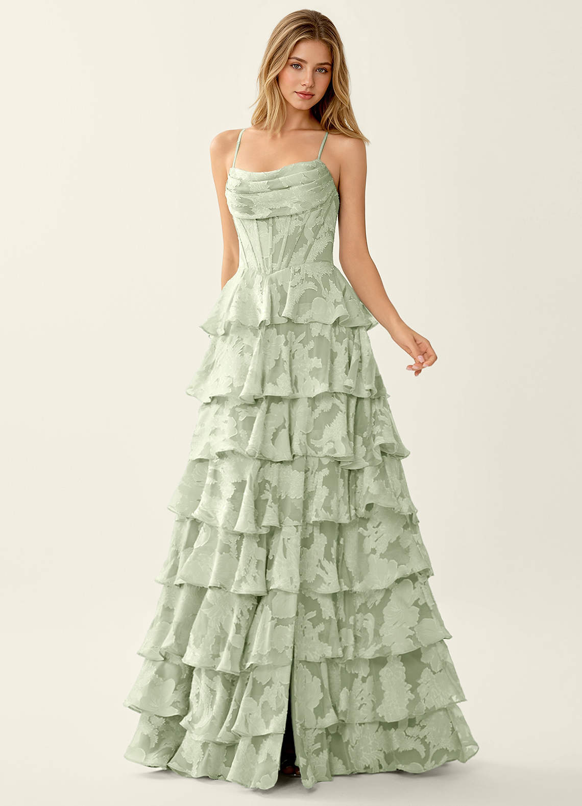 Wrenana A-Line Cowl-Neck Floral Burnout Evening Dress in Light Green