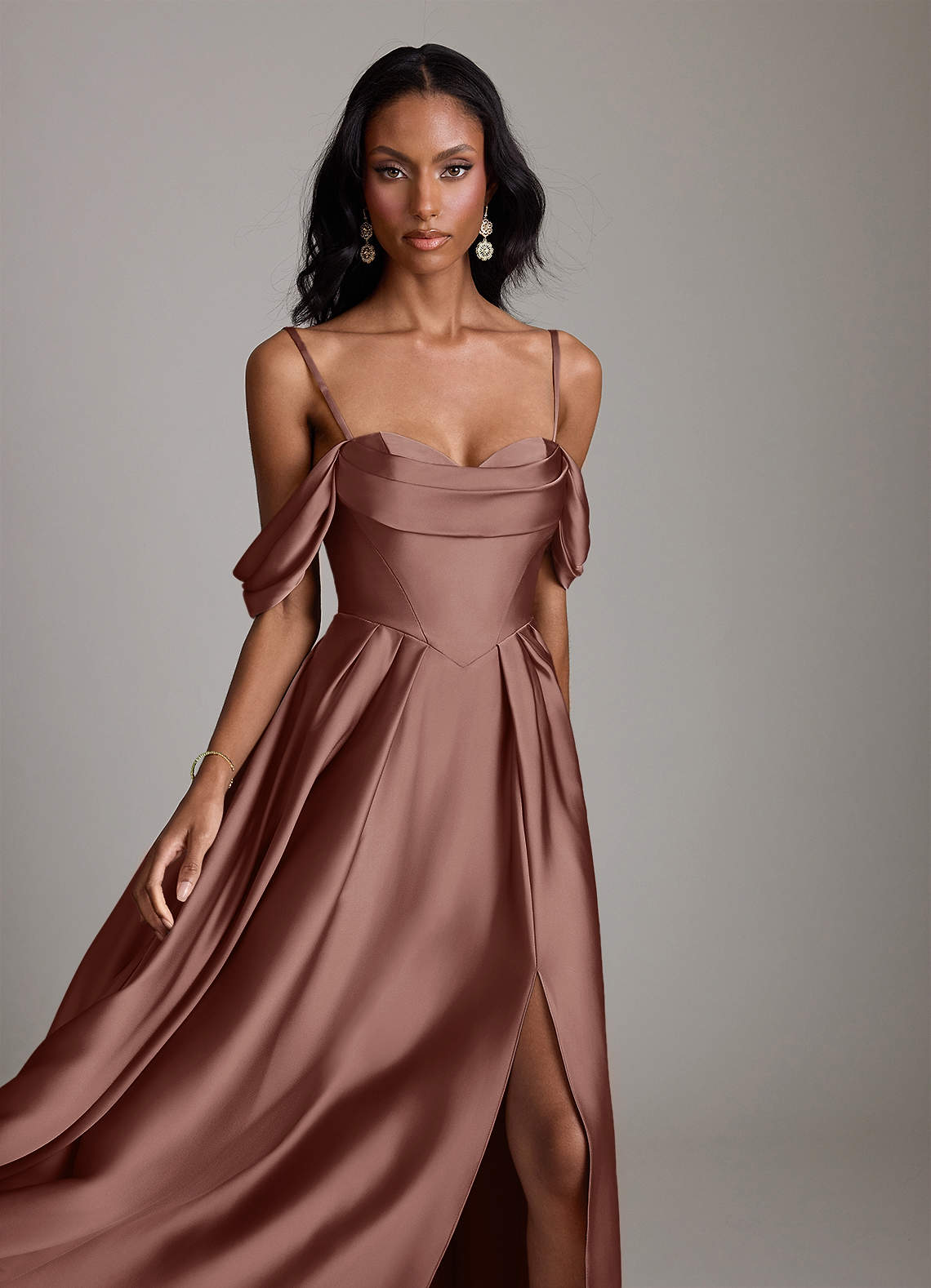 Loisa A-Line Off-the-Shoulder Stretch Satin Bridesmaid Dress in Espresso