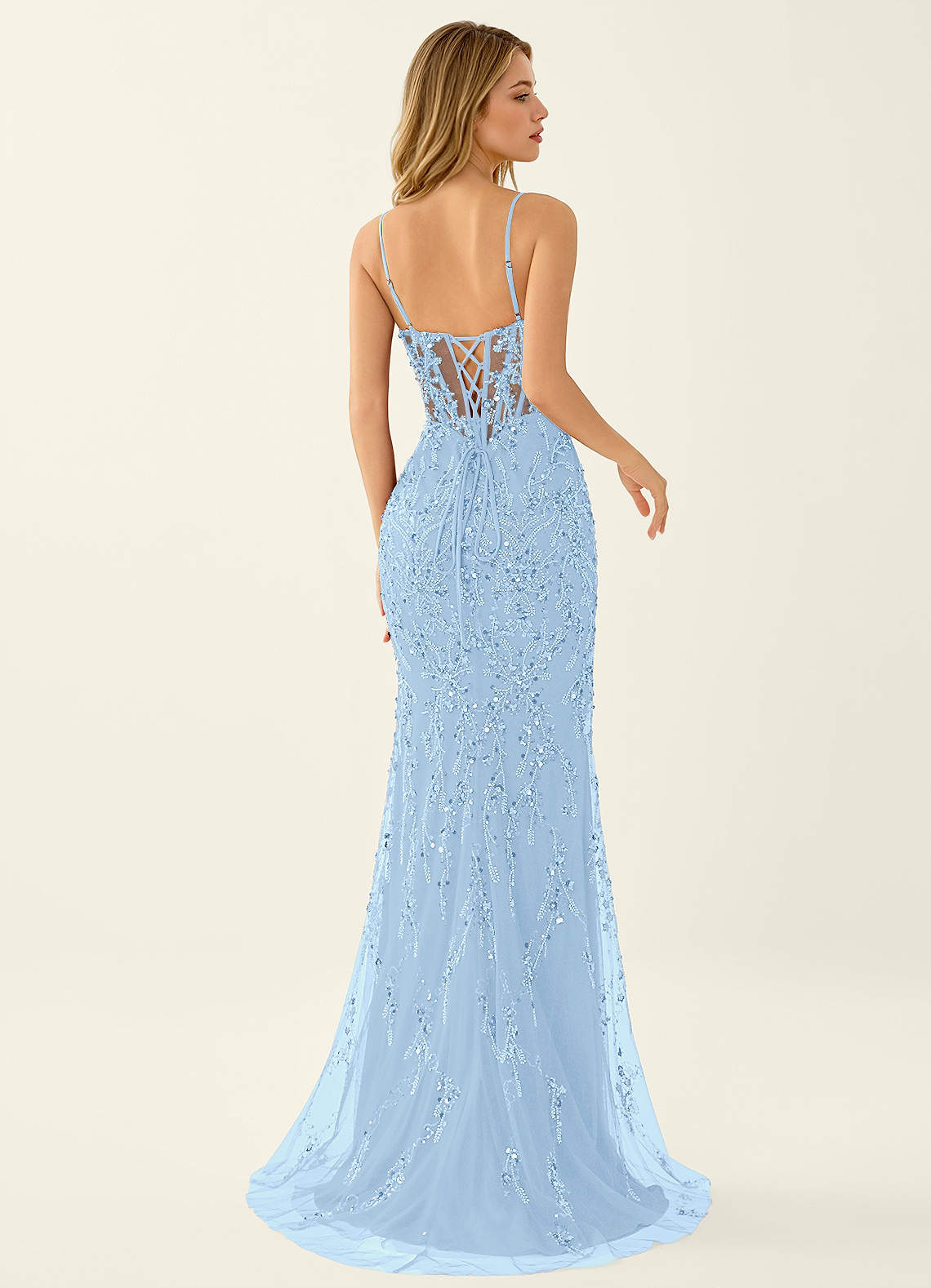 Zivah Mermaid V-Neck Beaded Stretch Mesh Evening Dress in Sky Blue