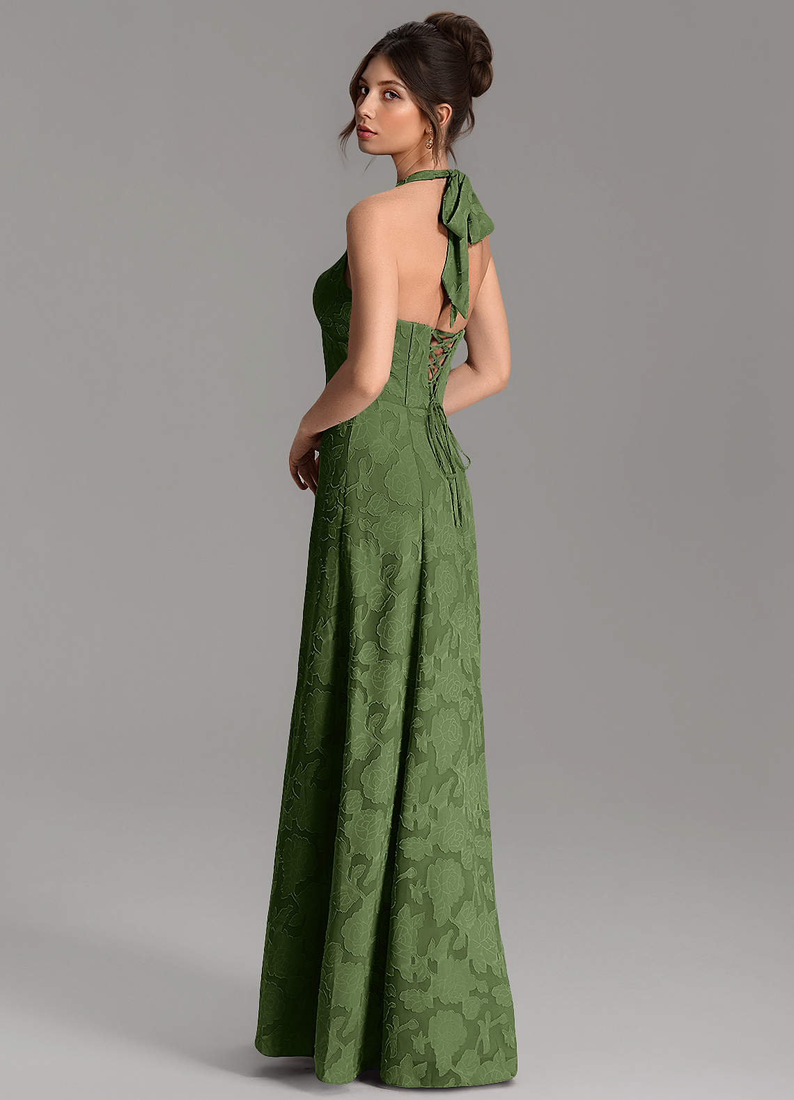 Nia A-Line V-Neck Floral Burnout Bridesmaid Dress in Olive