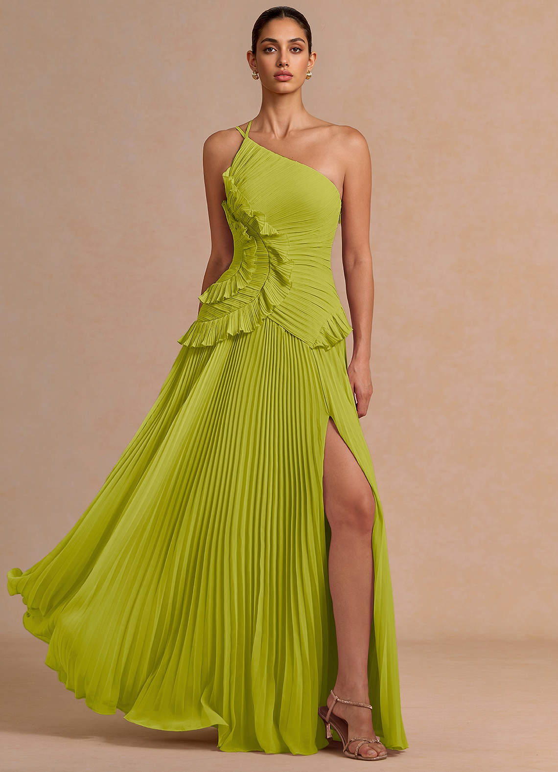 Melody A-Line One-Shoulder Chiffon Evening Dress in Lemon Green