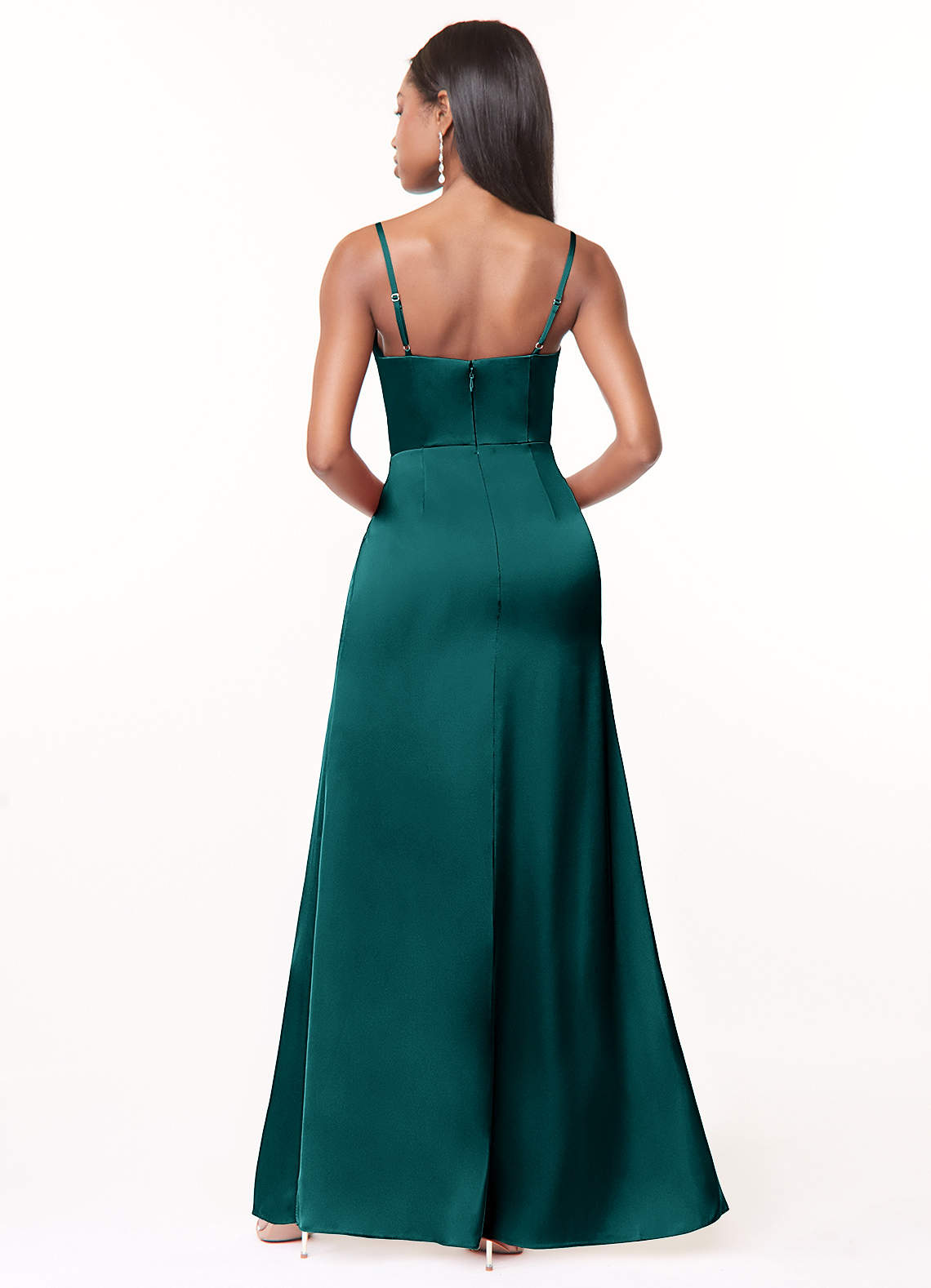 Maci A-Line V-Neck Stretch Satin Bridesmaid Dress in Peacock
