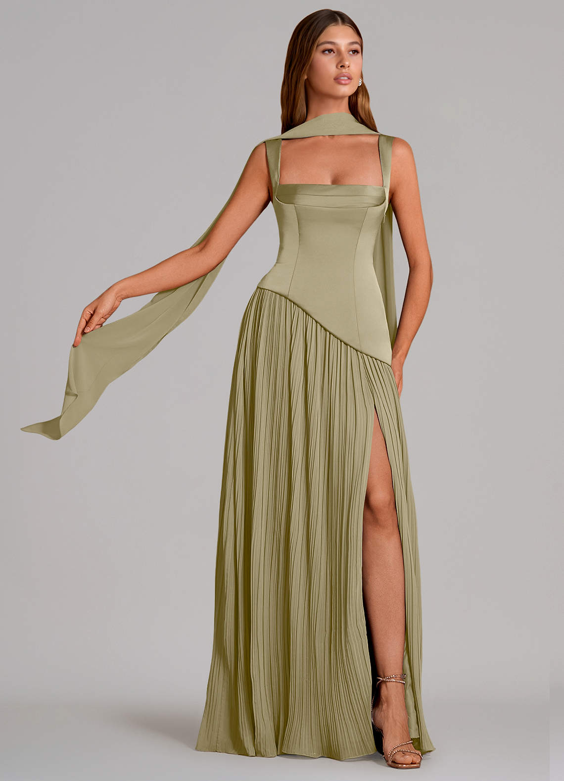 Stephanie A-Line Square-Neck Stretch Satin and Chiffon Bridesmaid Dress in Moss Green