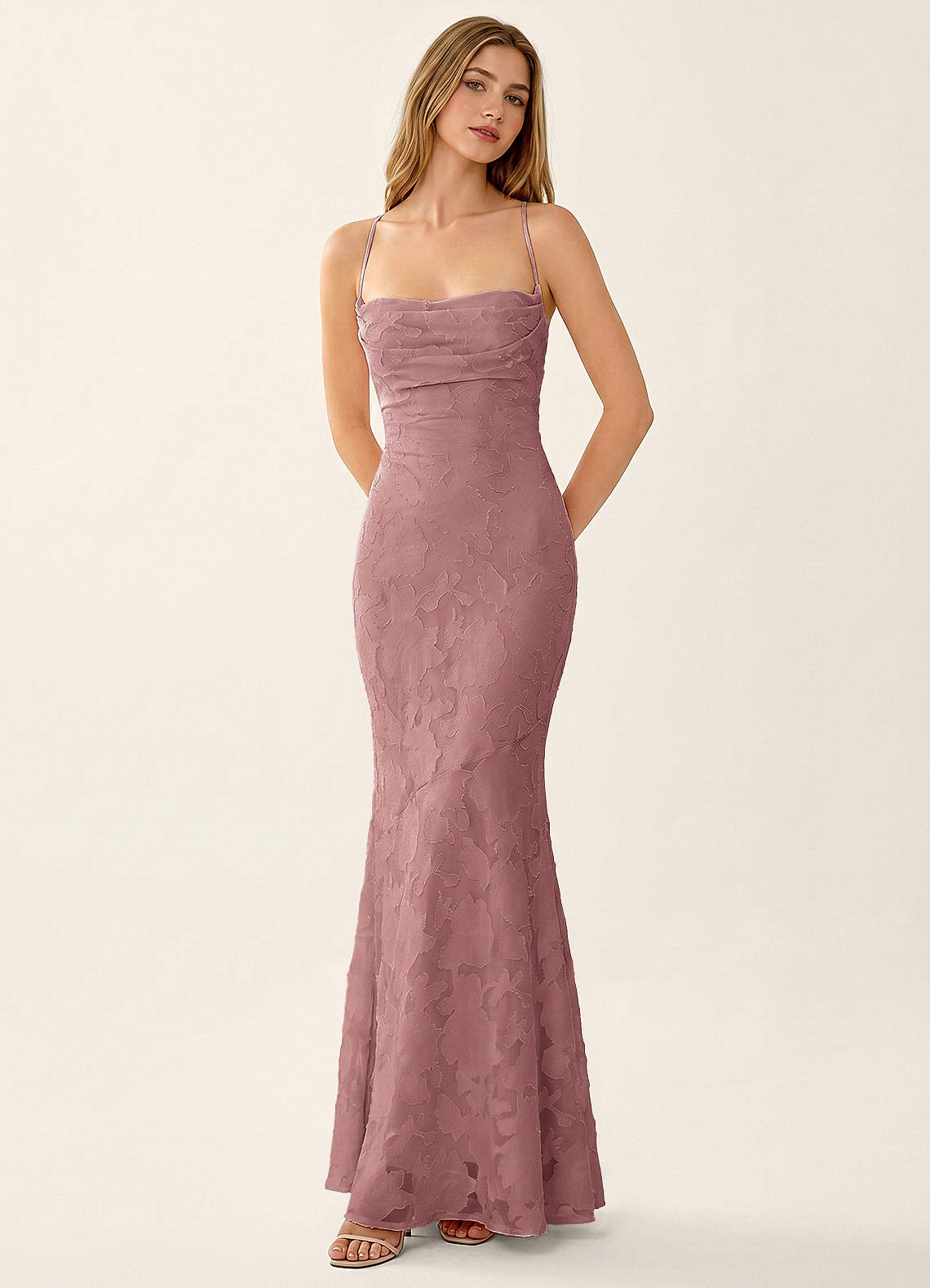 Natasha Mermaid Spaghetti-Strap Floral Burnout Evening Dress in Dusty Pink