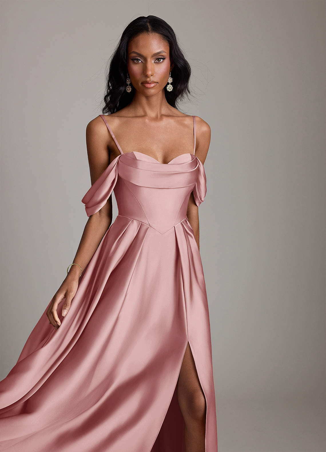 Loisa A-Line Off-the-Shoulder Stretch Satin Bridesmaid Dress in dusty rose