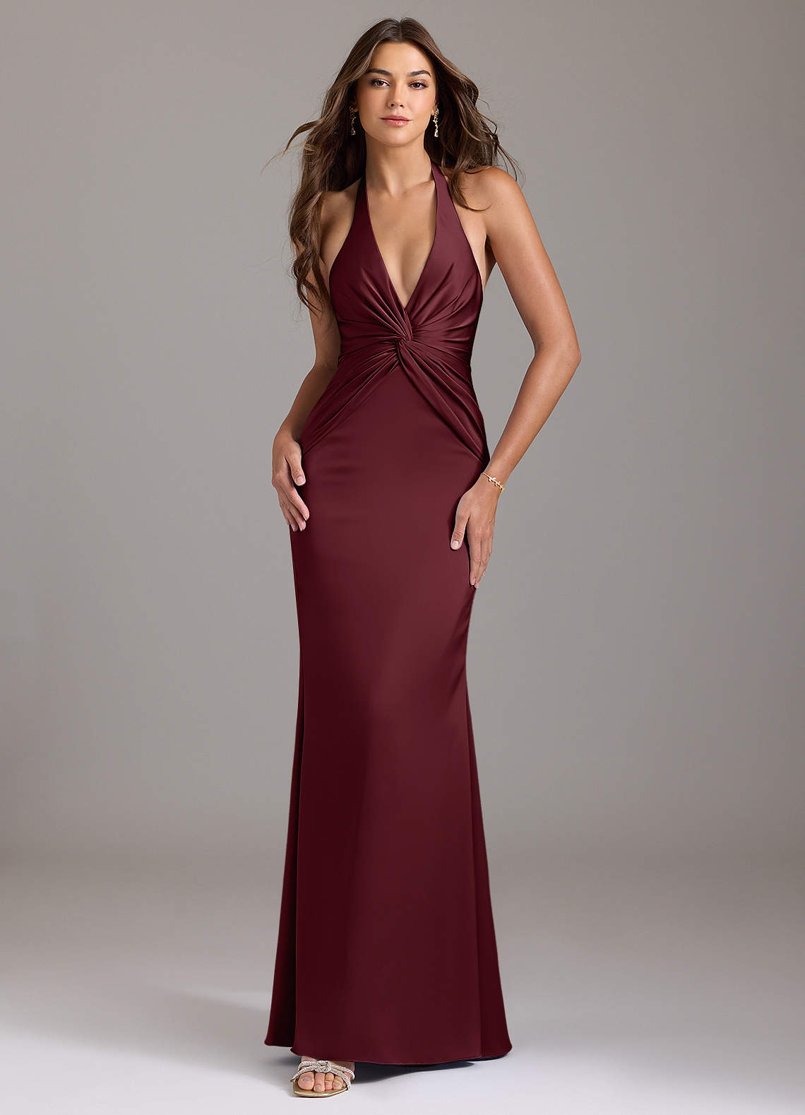 Valerie Mermaid V-Neck Stretch Satin Bridesmaid Dress in Cabernet