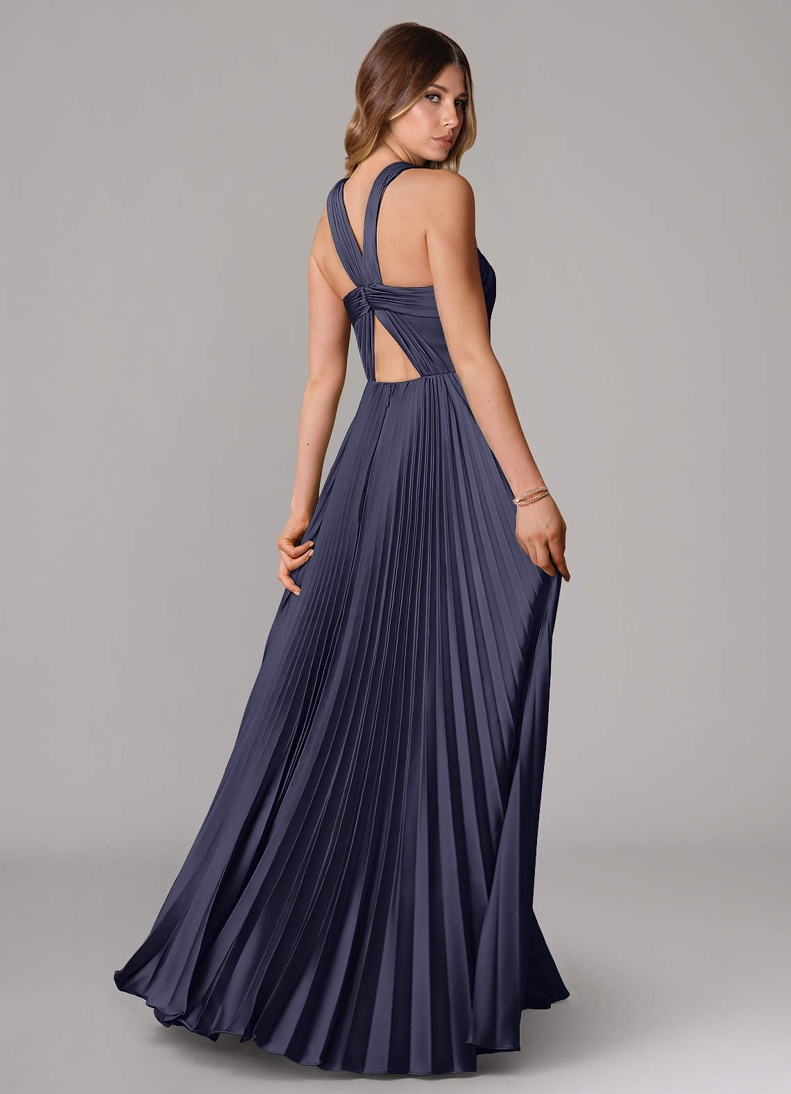 Afra A-Line Halter-Neck Stretch Satin Bridesmaid Dress in Stormy