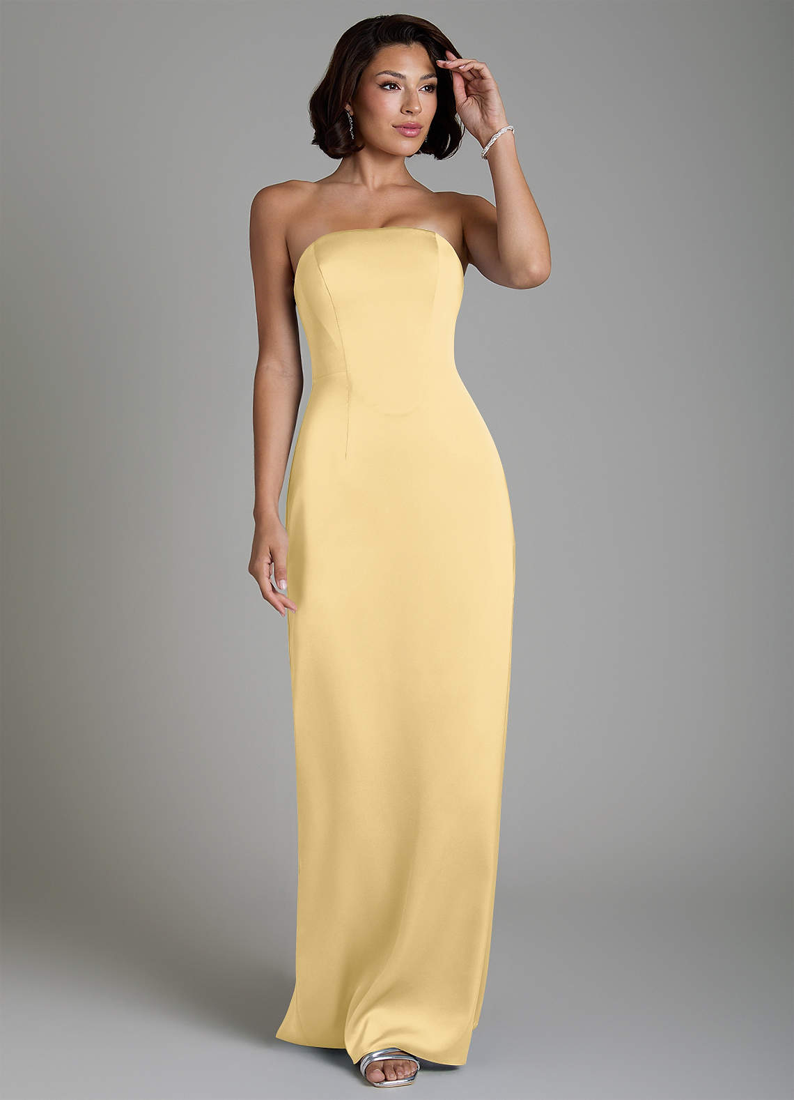 Fallyn Sheath Strapless Stretch Satin Bridesmaid Dress in Butter