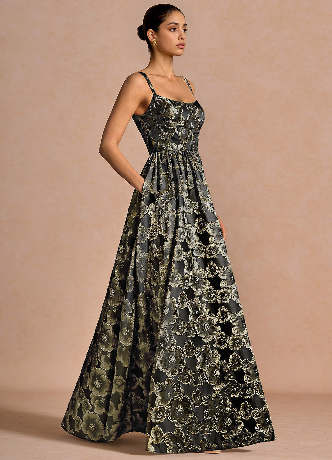 Julietteh A-Line Strappy Jacquard Taffeta Evening Dress in Black