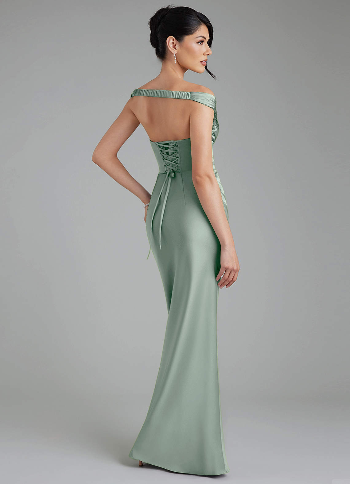 Stella Sheath V-Neck Stretch Satin Bridesmaid Dress in Agave