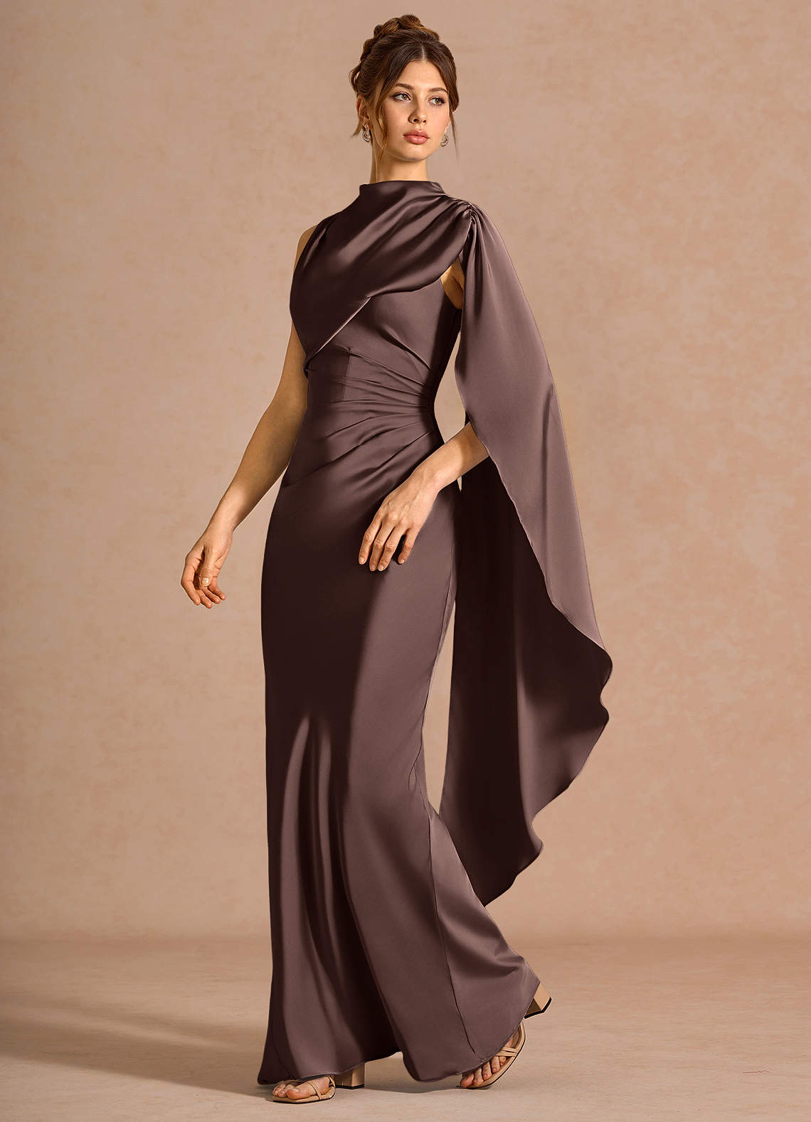 Chesney Cape-Sleeve Pleated Stretch Satin Wedding Guest Dress in Truffle