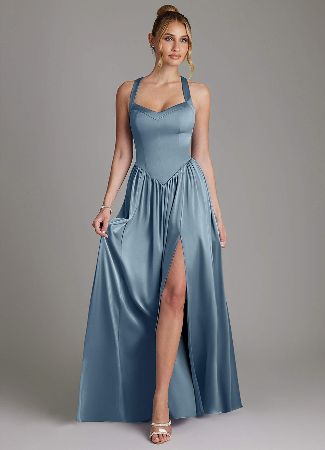 Francis A-Line V-Neck Stretch Satin Bridesmaid Dress in dusty blue