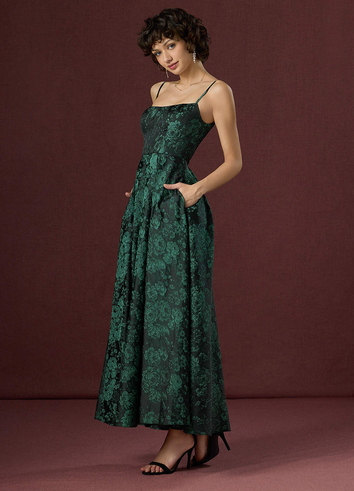 Wendy A-Line V-Back Jacquard Wedding Guest Dress in Black Emerald