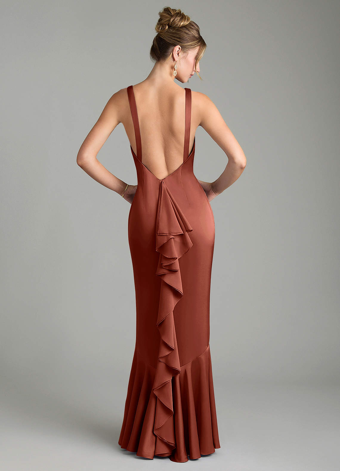 Tamera Mermaid Boat-Neck Stretch Satin and Chiffon Bridesmaid Dress in Auburn