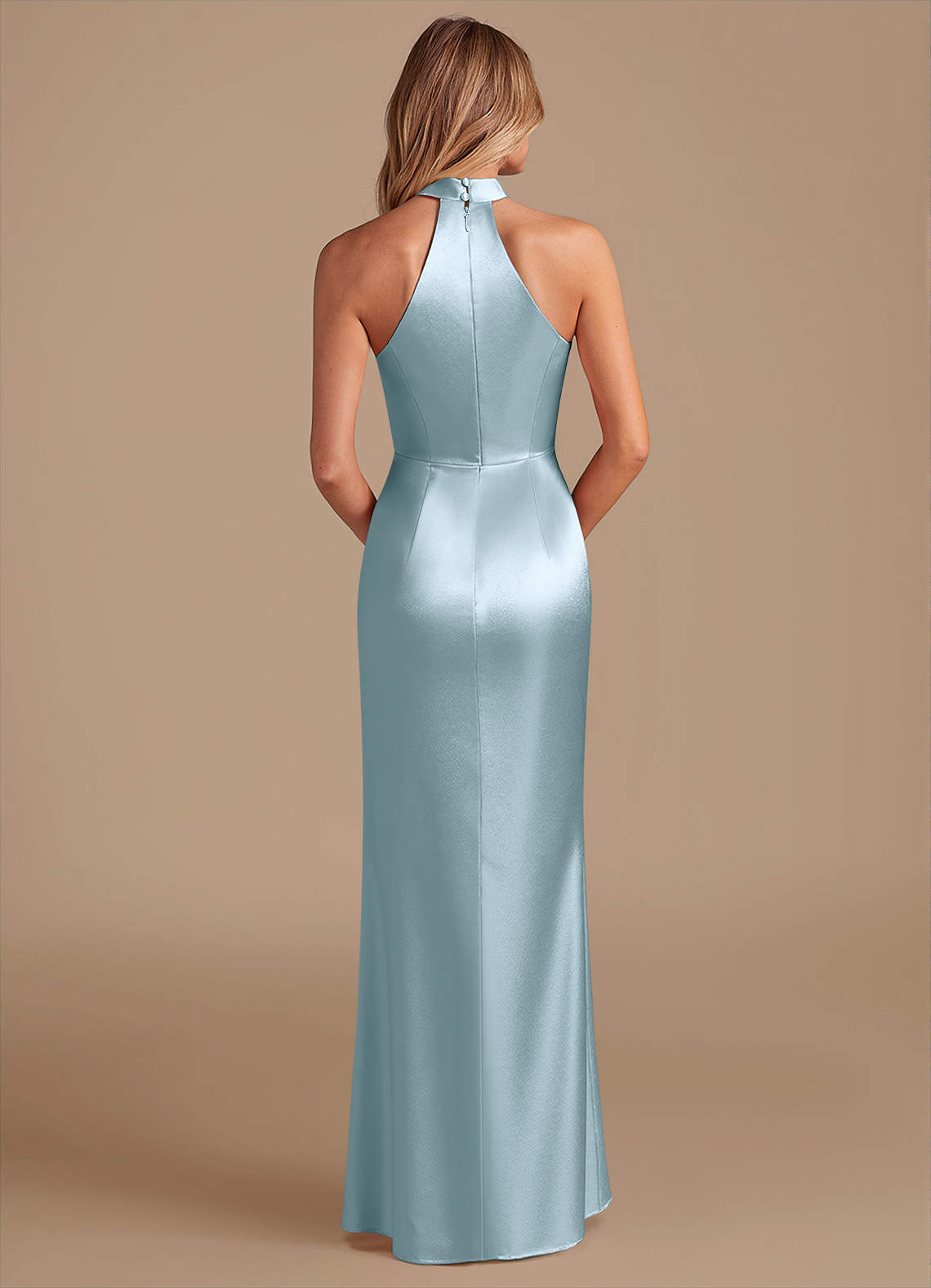 Karlotta Sheath Halter-Neck Metallic Satin Bridesmaid Dress in Sky Blue