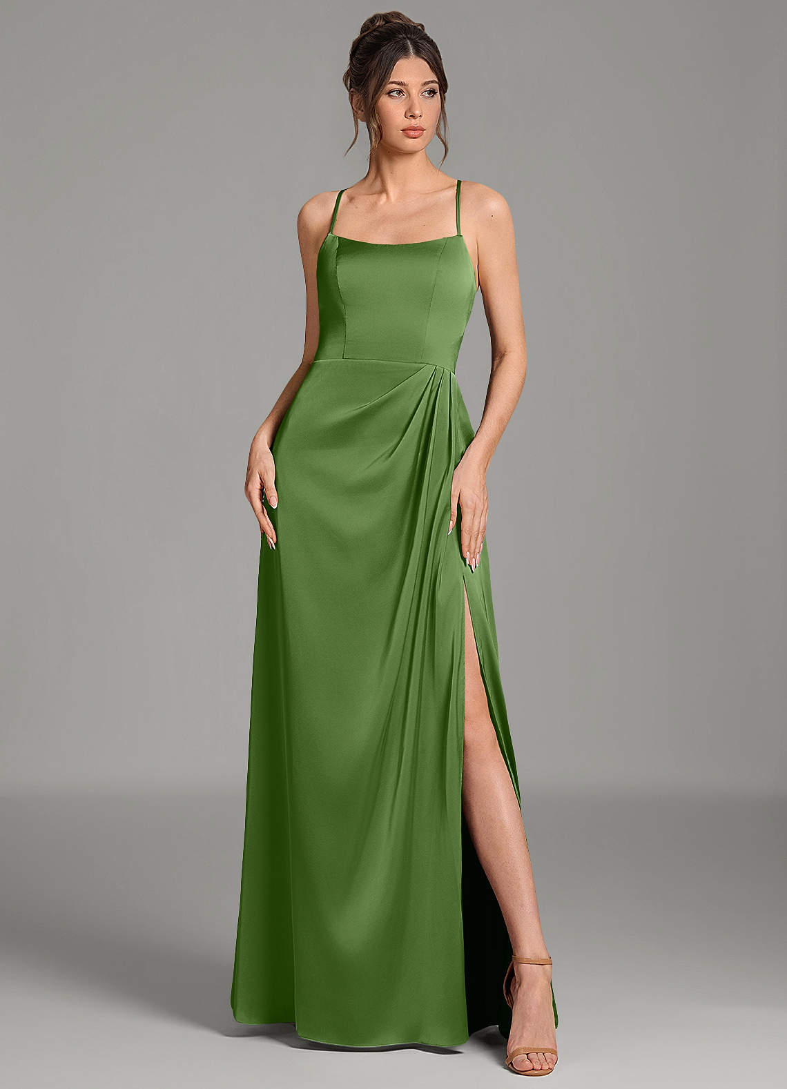 Frankie A-Line Scoop-Neck Stretch Satin Bridesmaid Dress in Basil