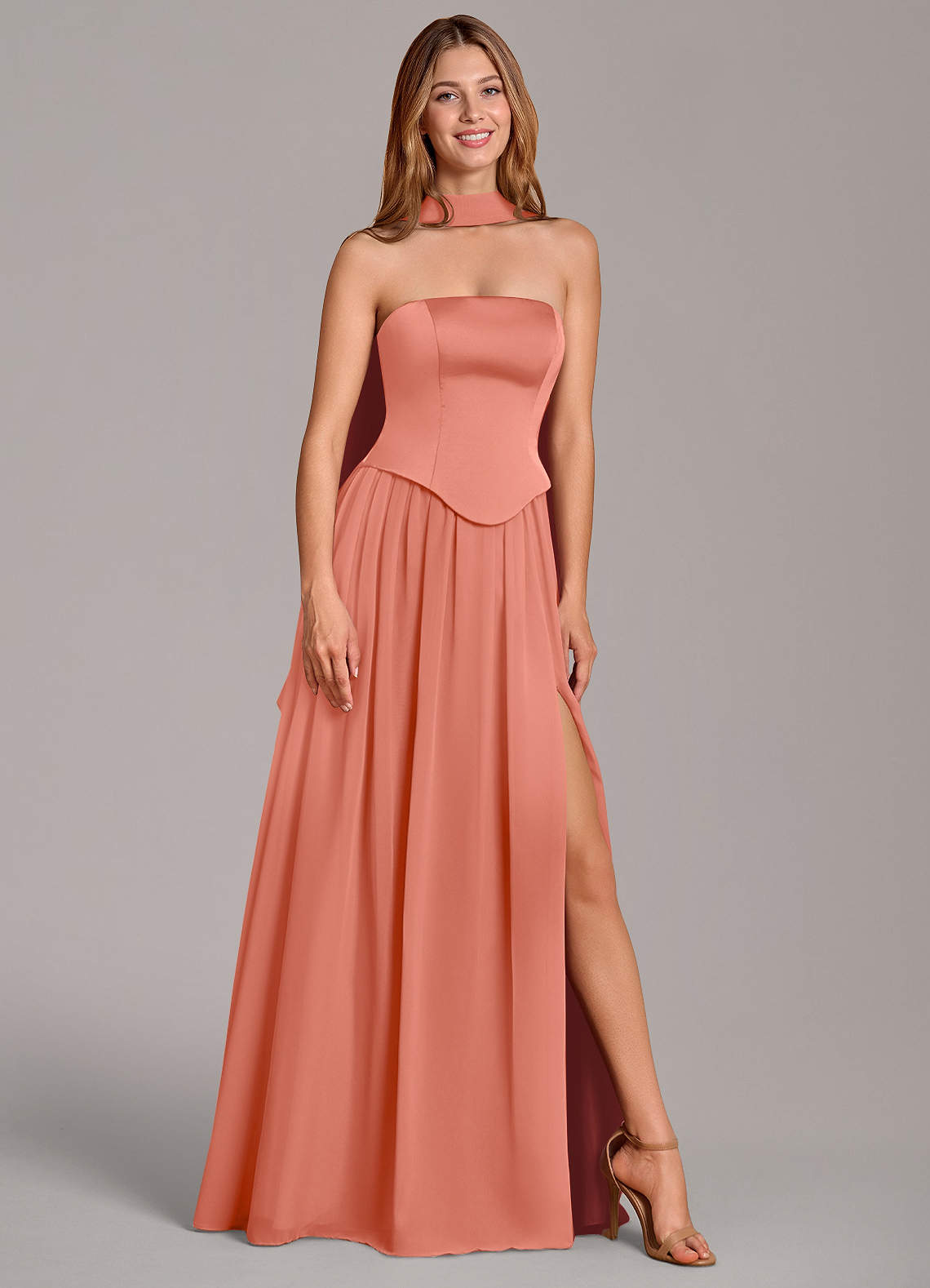 Cadence A-Line Strapless Chiffon and Stretch Satin Bridesmaid Dress in Salmon Pink
