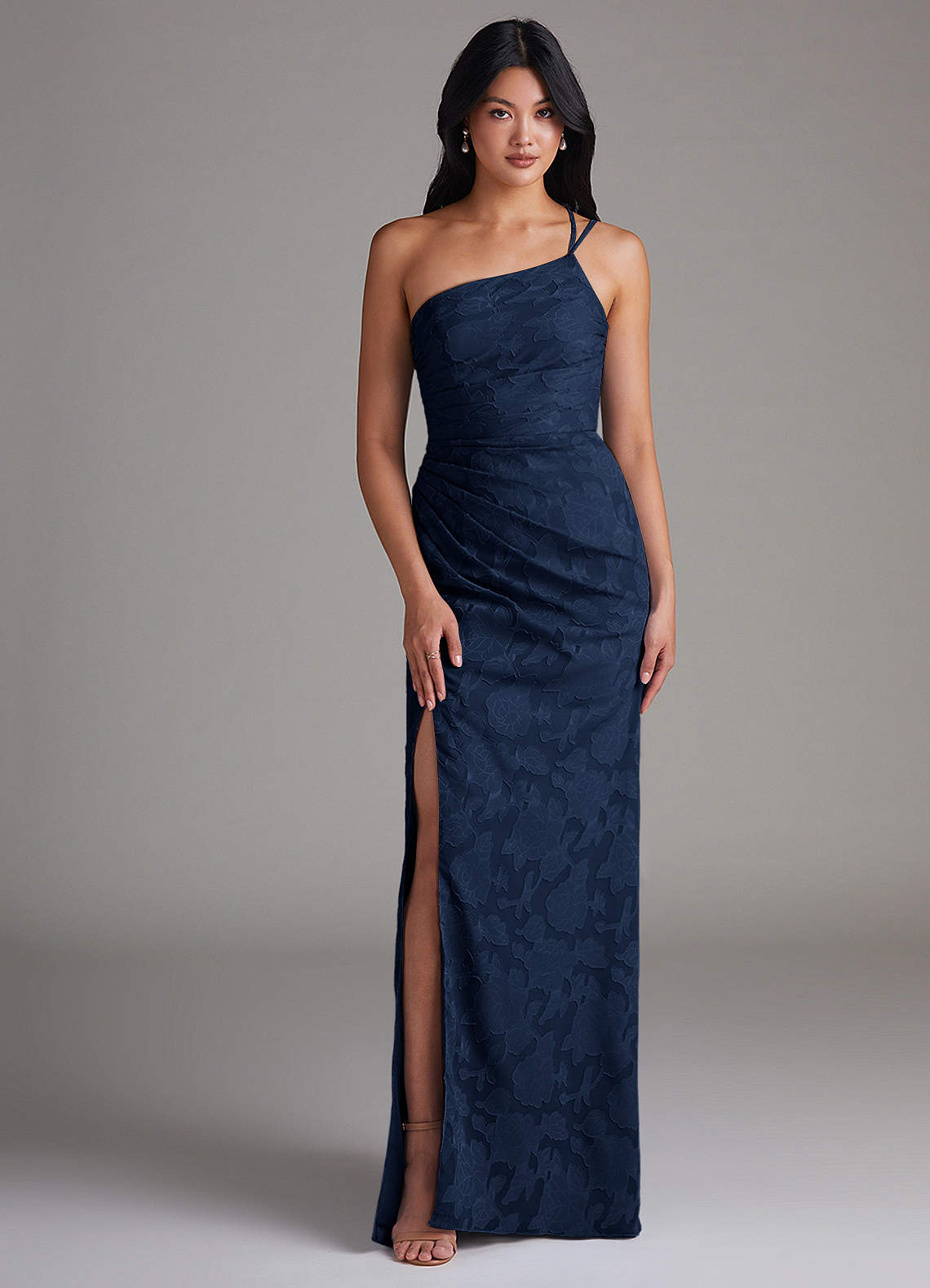 Eren Sheath One-Shoulder Floral Burnout Bridesmaid Dress in Dark Navy