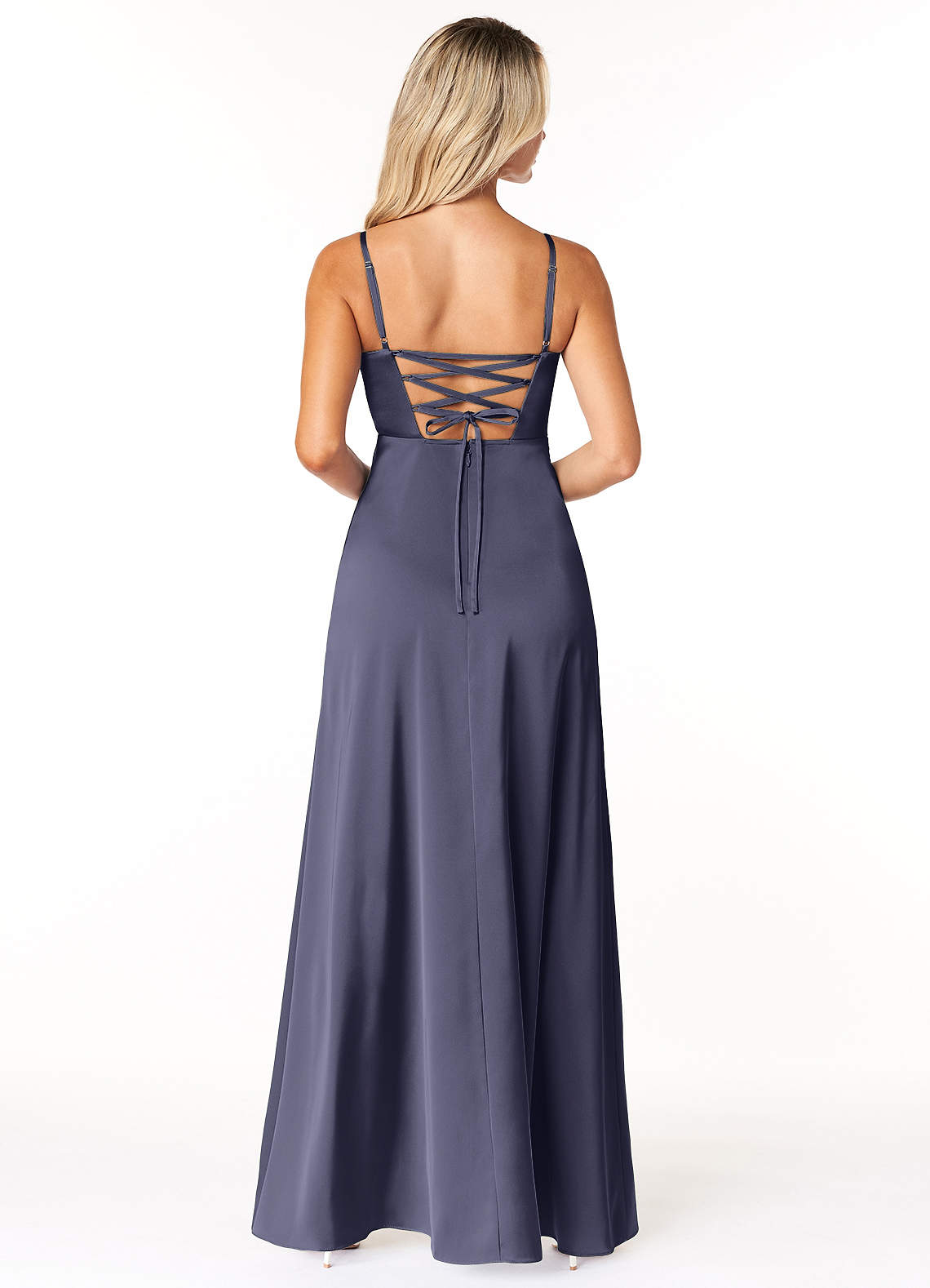 Marchella A-Line V-Neck Stretch Satin Bridesmaid Dress in Stormy