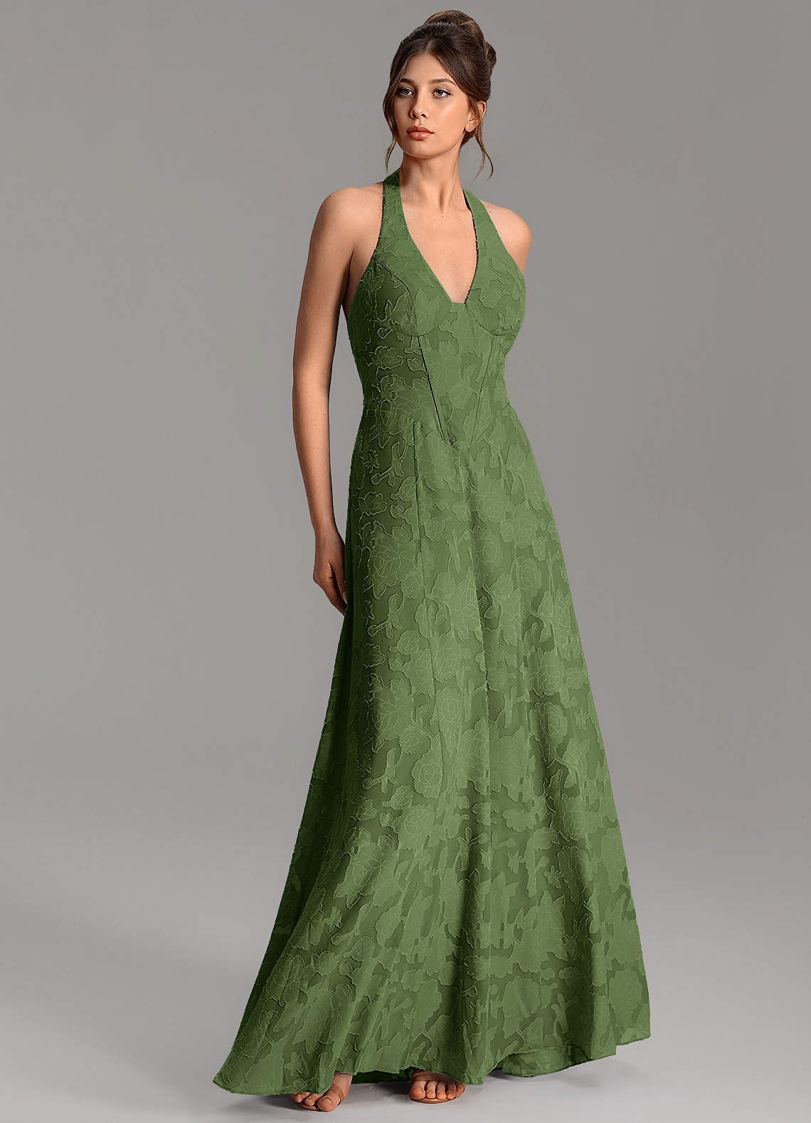 Nia A-Line V-Neck Floral Burnout Bridesmaid Dress in Olive