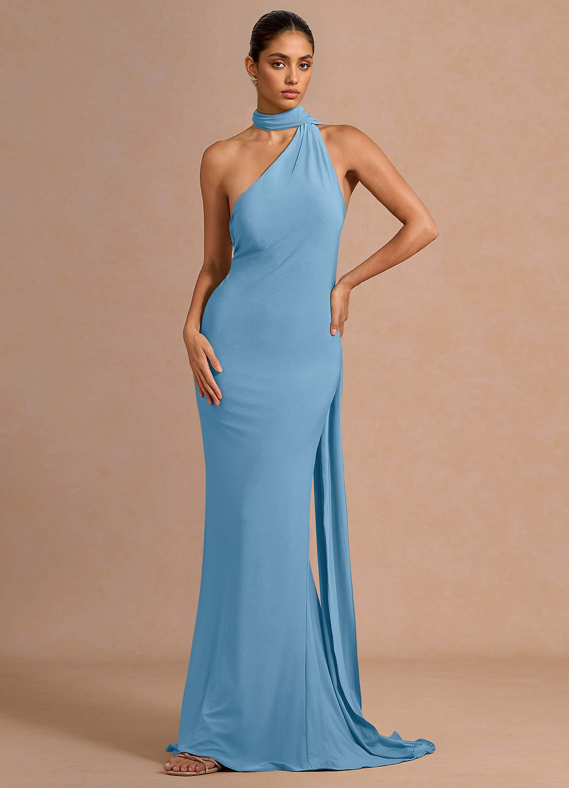 Miliani Sheath Neck-Tie Stretch Knit Evening Dress in Steel Blue