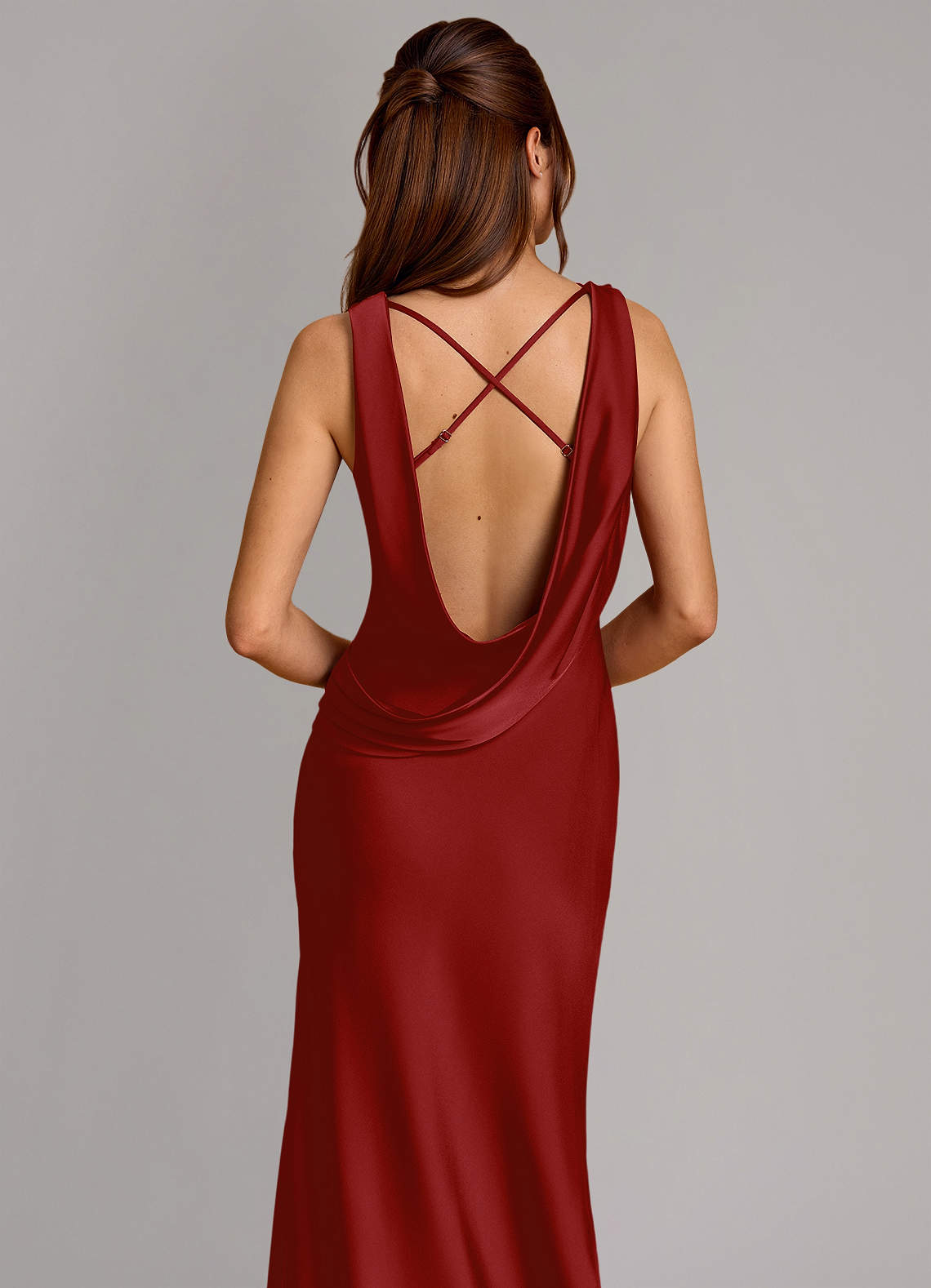 Cheryl Mermaid Cowl-Neck Stretch Satin Bridesmaid Dress in Pomegranate