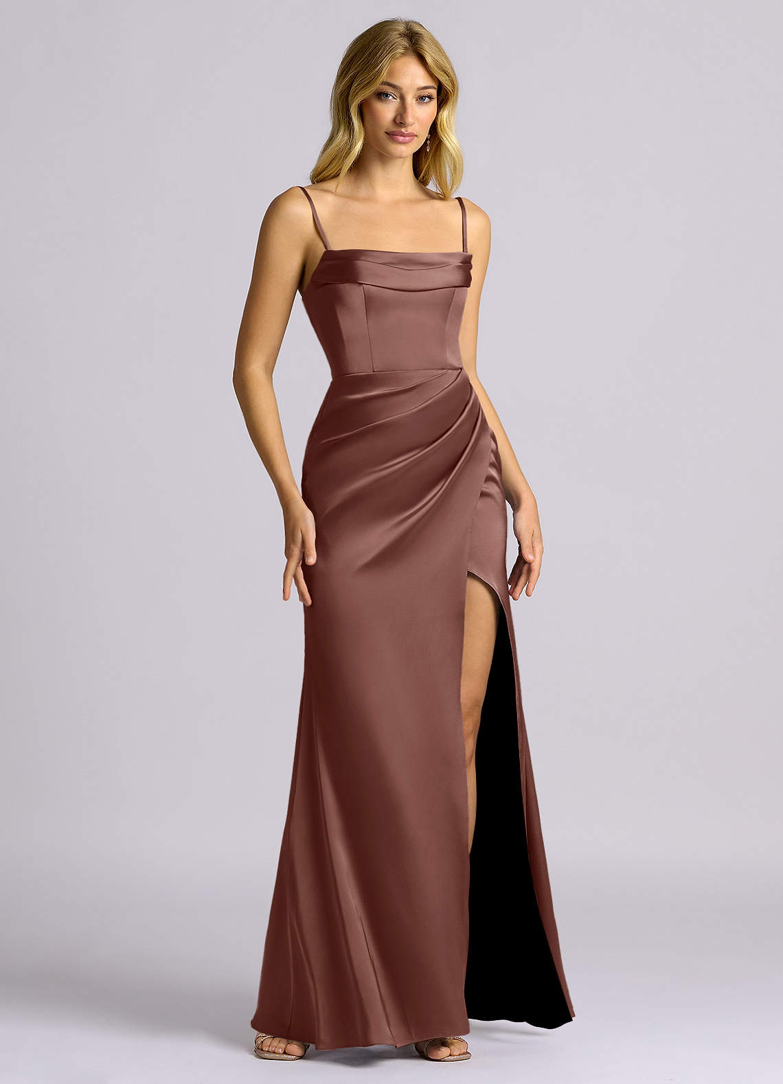 Auden Sheath Off-the-Shoulder Stretch Satin Bridesmaid Dress in Espresso