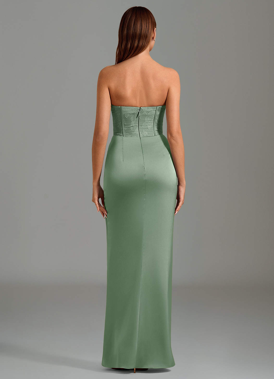 Emilia Mermaid Strapless Stretch Satin and Floral Burnout Bridesmaid Dress in Matcha