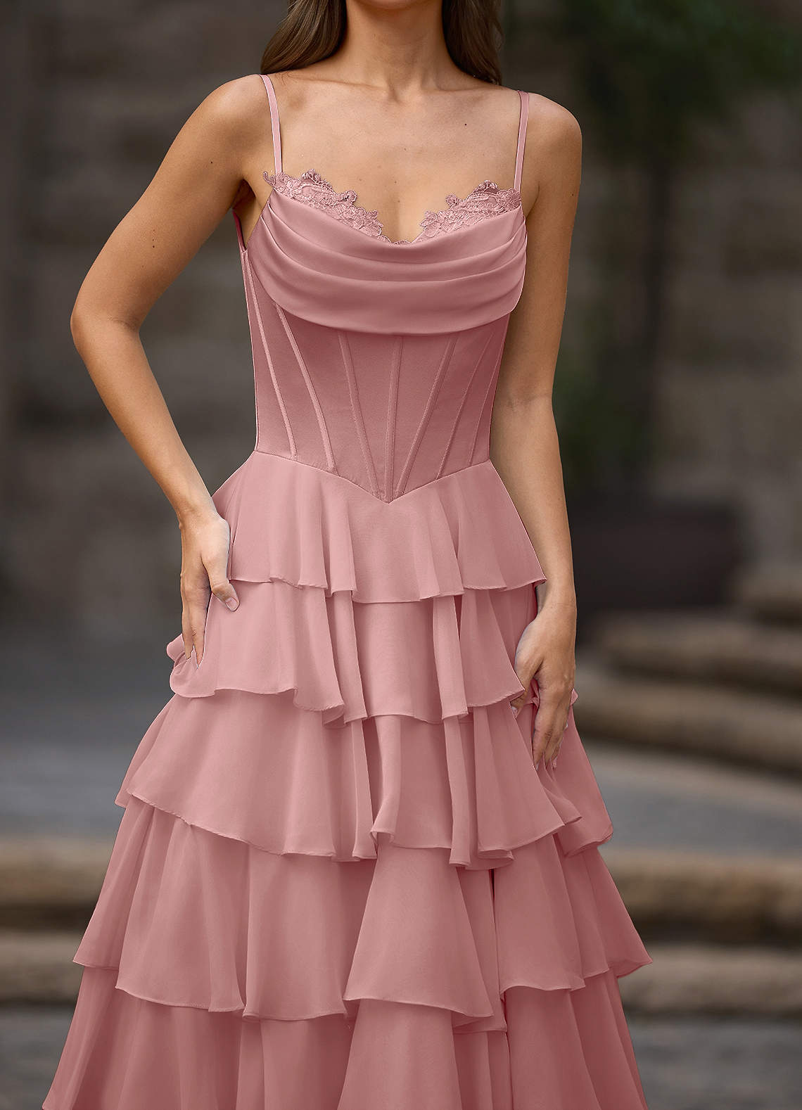 Floralace A-Line Ruffle Chiffon Evening Dress in Light Pink