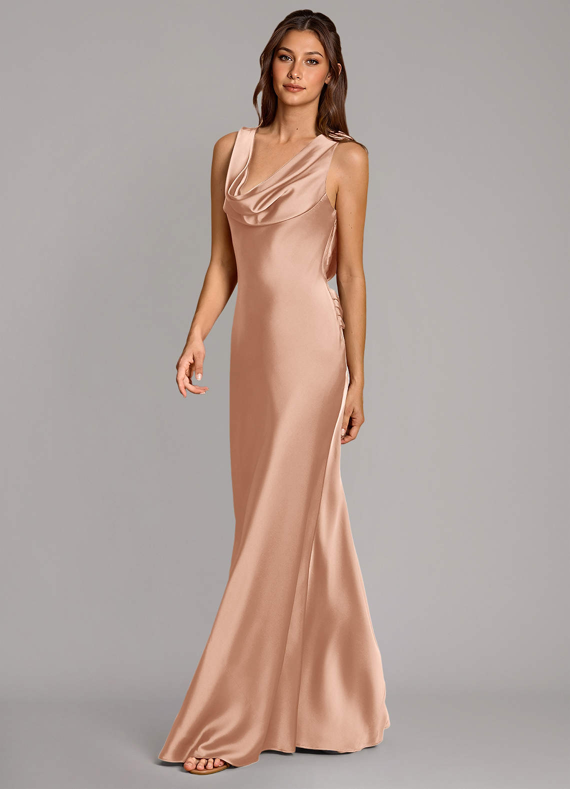 Cheryl Mermaid Cowl-Neck Stretch Satin Bridesmaid Dress in rose gold