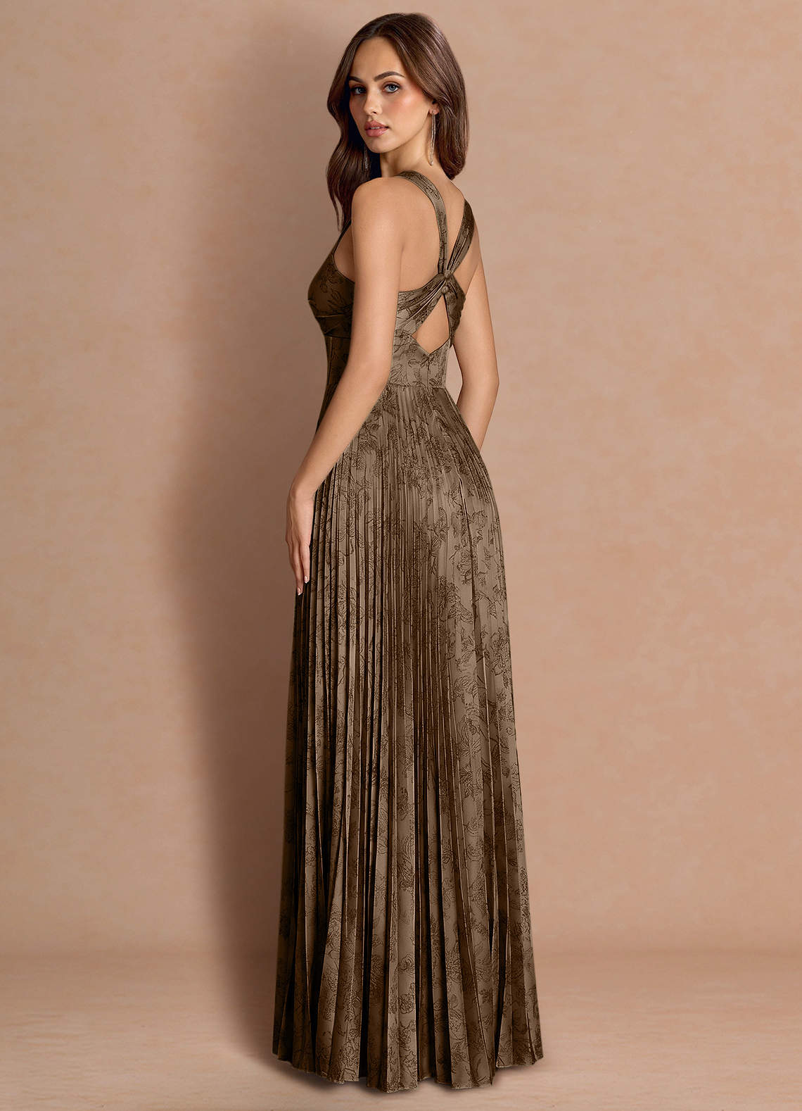 Tatiana A-Line Square-Neck Jacquard Wedding Guest Dress in Coffee Brown