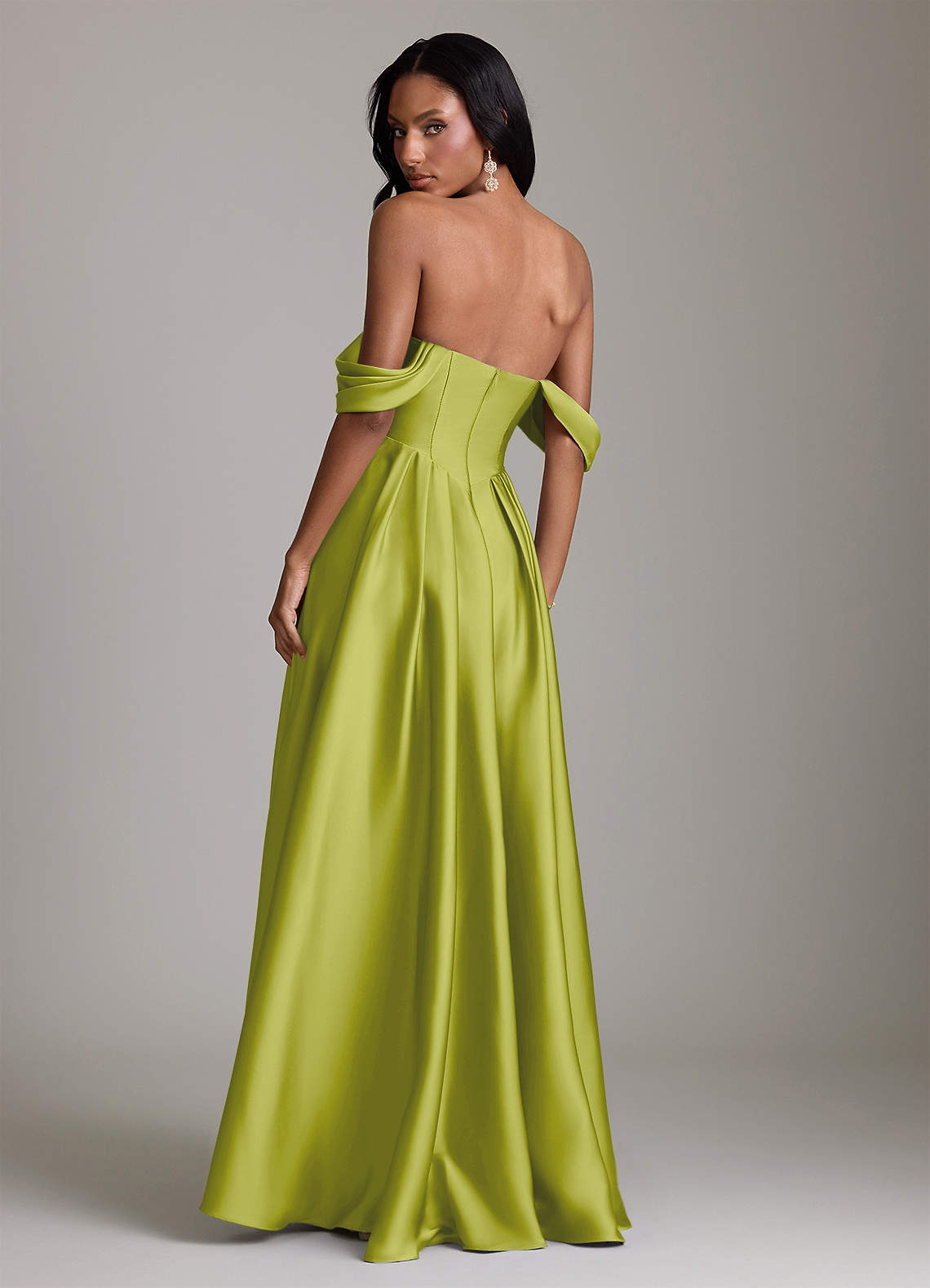 Loisa A-Line Off-the-Shoulder Stretch Satin Bridesmaid Dress in Lemongrass