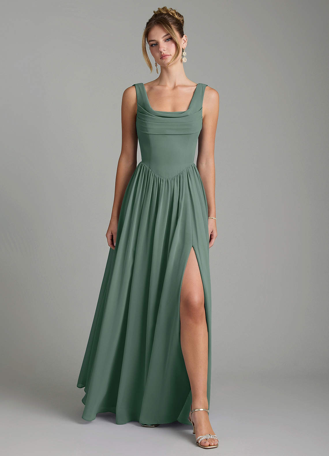 Novi A-Line Square-Neck Chiffon Bridesmaid Dress in Sea Moss
