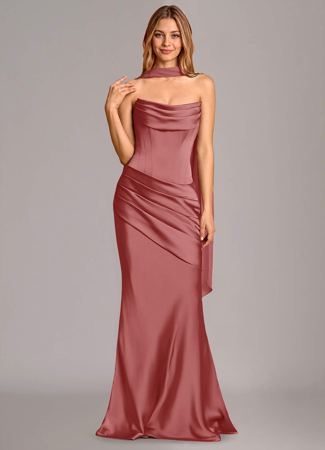 Pelagia Mermaid Cowl-Neck Stretch Satin Bridesmaid Dress in Antique Rose