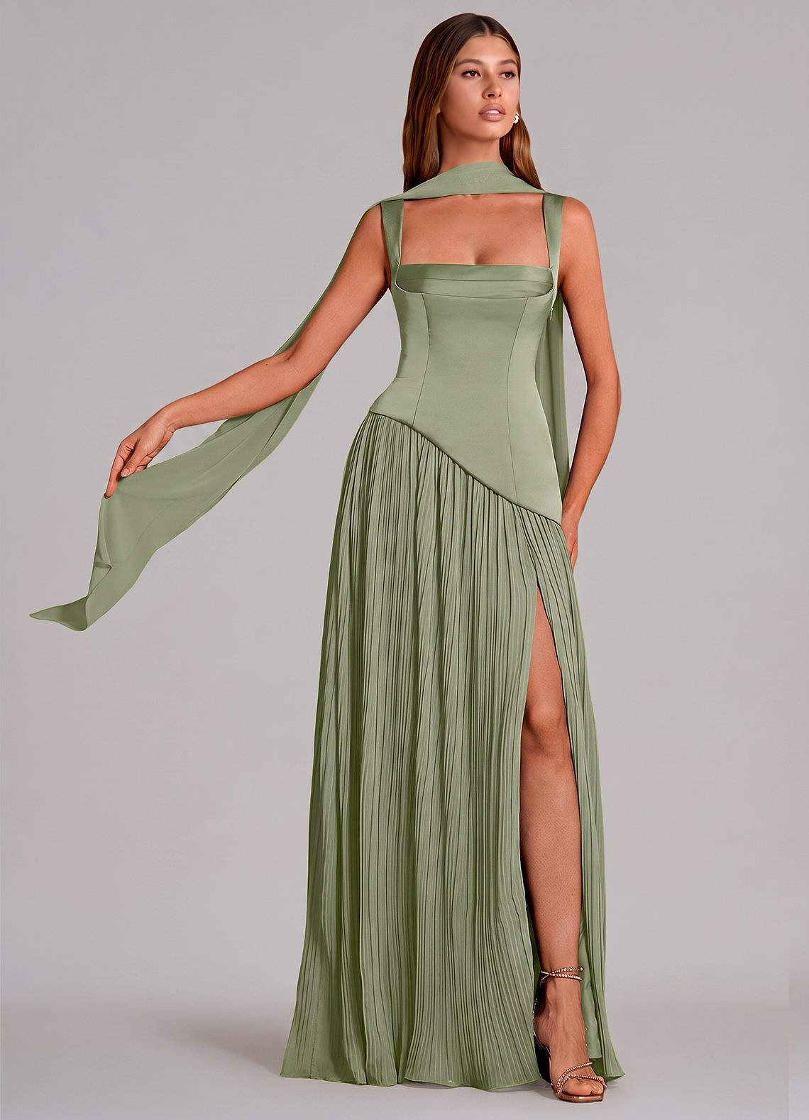 Stephanie A-Line Square-Neck Stretch Satin and Chiffon Bridesmaid Dress in Pistachio