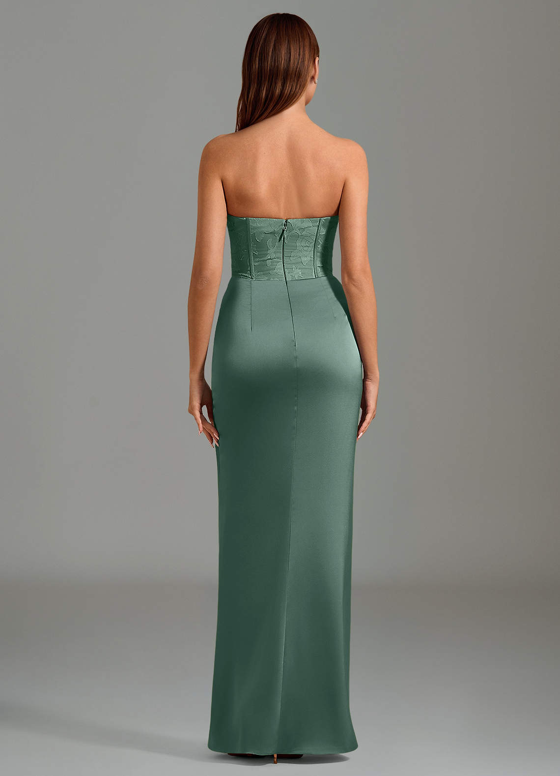 Emilia Mermaid Strapless Stretch Satin and Floral Burnout Bridesmaid Dress in Eucalyptus
